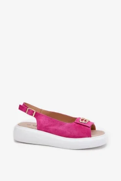 Zamszowe Sandały Damskie Ze Złotym Detalem S.Barski GR51-604 Fuksja