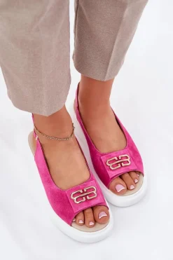 Zamszowe Sandały Damskie Ze Złotym Detalem S.Barski GR51-604 Fuksja