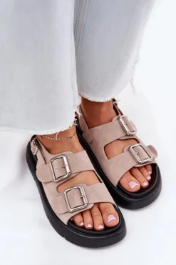 Zamszowe Sandały Damskie Z Klamrami Big Star RR274663 Jasnoróżowe