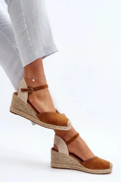 Zamszowe Sandały Espadryle Na Koturnie Z Plecionką Camel Raylin