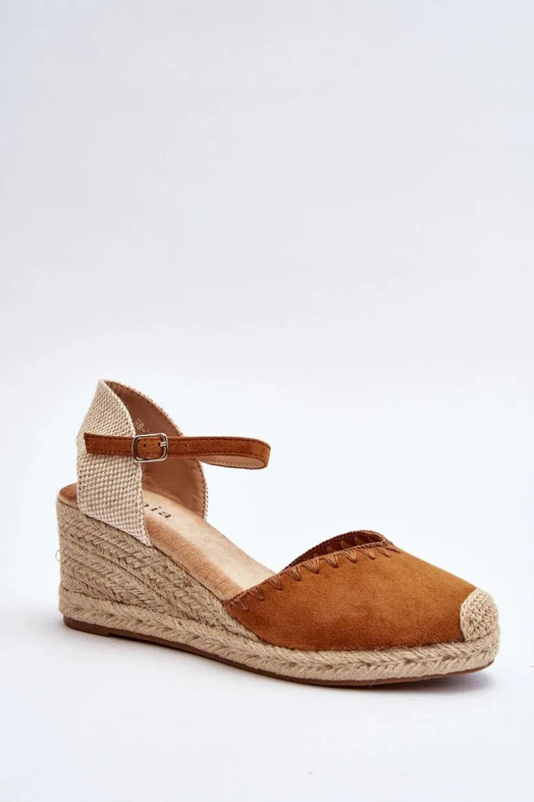 Zamszowe Sandały Espadryle Na Koturnie Z Plecionką Camel Raylin