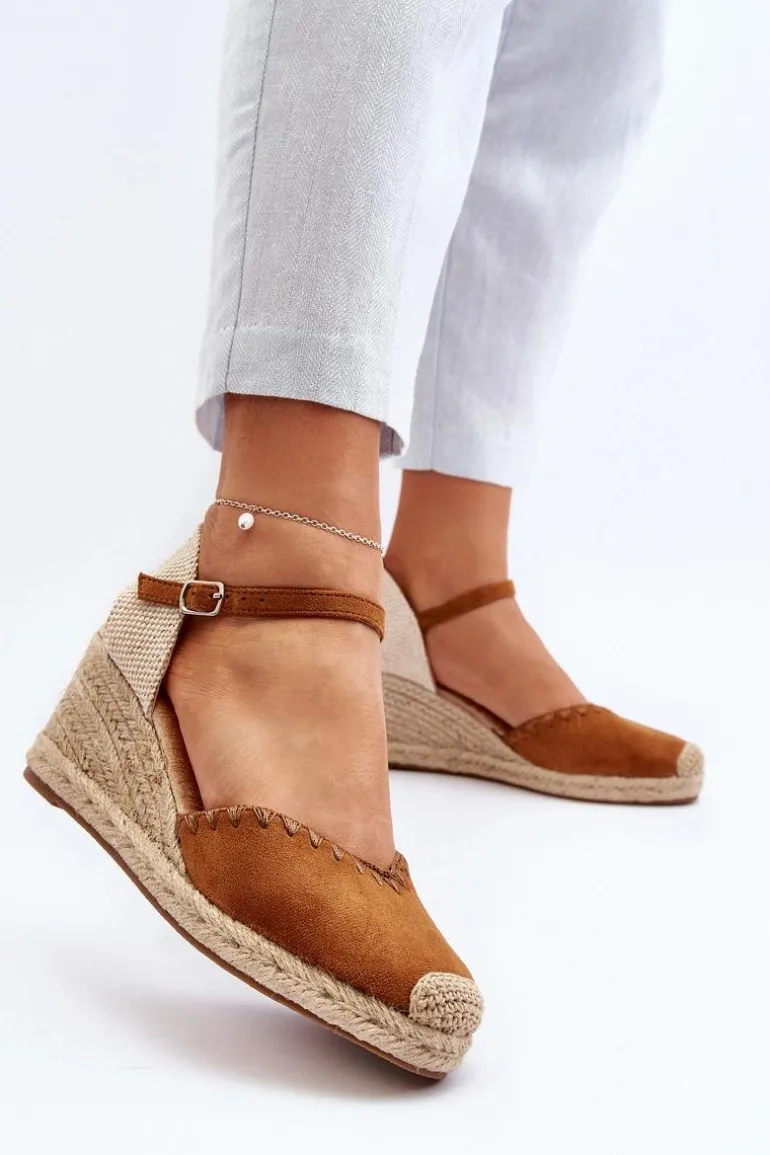 Zamszowe Sandały Espadryle Na Koturnie Z Plecionką Camel Raylin