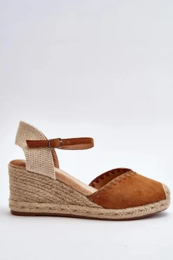 Zamszowe Sandały Espadryle Na Koturnie Z Plecionką Camel Raylin