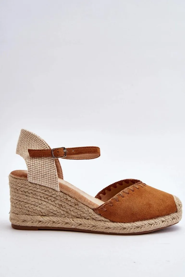 Zamszowe Sandały Espadryle Na Koturnie Z Plecionką Camel Raylin