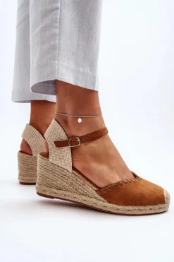 Zamszowe Sandały Espadryle Na Koturnie Z Plecionką Camel Raylin