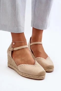 Zamszowe Sandały Espadryle Na Koturnie Z Plecionką Beżowe Raylin