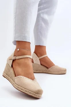 Zamszowe Sandały Espadryle Na Koturnie Z Plecionką Beżowe Raylin