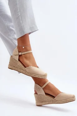 Zamszowe Sandały Espadryle Na Koturnie Z Plecionką Beżowe Raylin