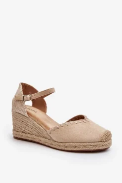 Zamszowe Sandały Espadryle Na Koturnie Z Plecionką Beżowe Raylin