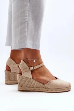 Zamszowe Sandały Espadryle Na Koturnie Z Plecionką Beżowe Raylin
