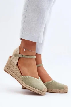 Zamszowe Sandały Espadryle Na Koturnie Z Plecionką Zielone Raylin