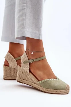 Zamszowe Sandały Espadryle Na Koturnie Z Plecionką Zielone Raylin