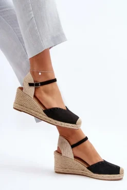 Zamszowe Sandały Espadryle Na Koturnie Z Plecionką Czarne Raylin