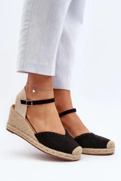 Zamszowe Sandały Espadryle Na Koturnie Z Plecionką Czarne Raylin