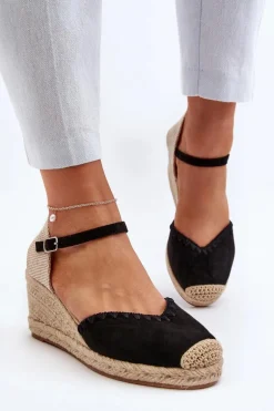 Zamszowe Sandały Espadryle Na Koturnie Z Plecionką Czarne Raylin
