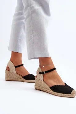 Zamszowe Sandały Espadryle Na Koturnie Z Plecionką Czarne Raylin