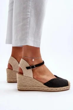 Zamszowe Sandały Espadryle Na Koturnie Z Plecionką Czarne Raylin