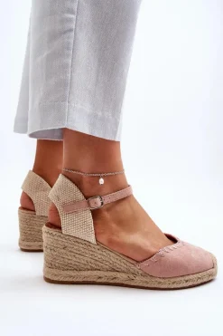 Zamszowe Sandały Espadryle Na Koturnie Z Plecionką Różowe Raylin