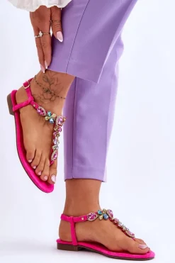 Zamszowe Sandały Japonki Z Kamieniami Różowe Frency