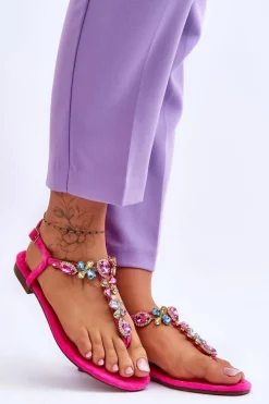 Zamszowe Sandały Japonki Z Kamieniami Różowe Frency