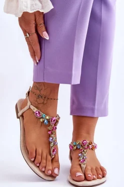 Zamszowe Sandały Japonki Z Kamieniami Beżowe Frency