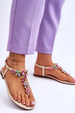 Zamszowe Sandały Japonki Z Kamieniami Beżowe Frency