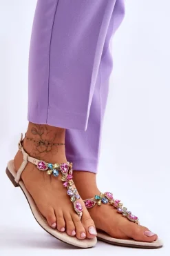 Zamszowe Sandały Japonki Z Kamieniami Beżowe Frency