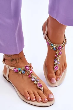 Zamszowe Sandały Japonki Z Kamieniami Beżowe Frency