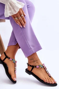 Zamszowe Sandały Japonki Z Kamieniami Czarne Frency