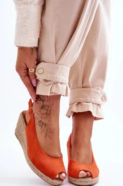 Zamszowe Sandały Na Koturnie Pomarańczowe Elsie