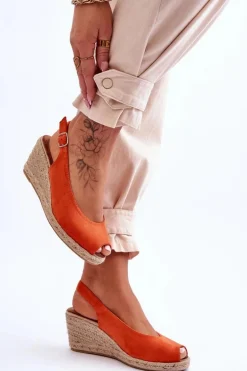 Zamszowe Sandały Na Koturnie Pomarańczowe Elsie