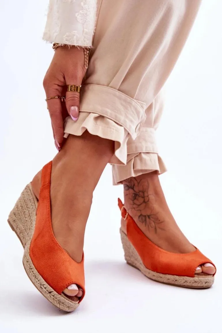 Zamszowe Sandały Na Koturnie Pomarańczowe Elsie