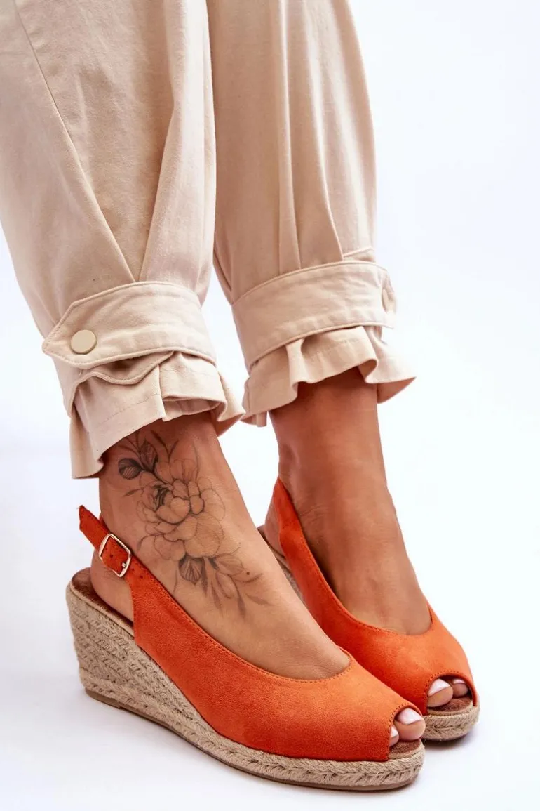 Zamszowe Sandały Na Koturnie Pomarańczowe Elsie
