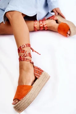 Zamszowe Sandały Na Koturnie Pomarańczowe Livia