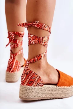 Zamszowe Sandały Na Koturnie Pomarańczowe Livia