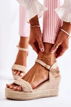 Zamszowe Sandały Na Koturnie Beżowe Gabriela