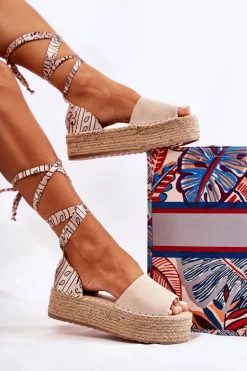 Zamszowe Sandały Na Koturnie Beżowe Livia