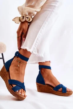 Zamszowe Sandały Na Koturnie Maciejka 04565-06 Granatowe