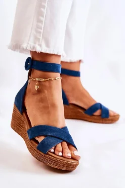 Zamszowe Sandały Na Koturnie Maciejka 04565-06 Granatowe