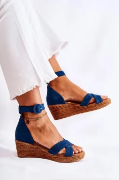 Zamszowe Sandały Na Koturnie Maciejka 04565-06 Granatowe