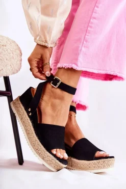 Zamszowe Sandały Na Koturnie Czarne Lizbona