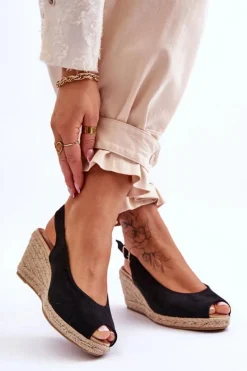 Zamszowe Sandały Na Koturnie Czarne Elsie