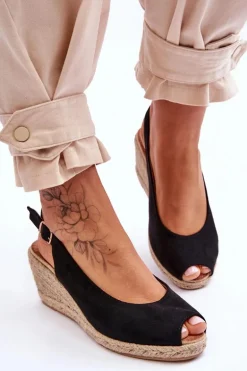 Zamszowe Sandały Na Koturnie Czarne Elsie