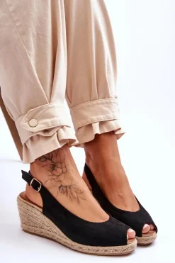 Zamszowe Sandały Na Koturnie Czarne Elsie