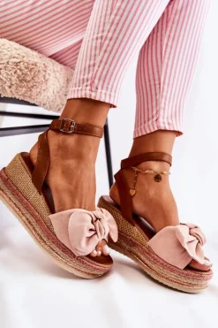 Zamszowe Sandały Na Koturnie Różowe Natina