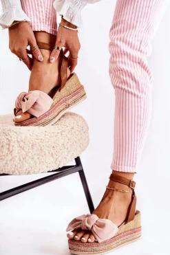 Zamszowe Sandały Na Koturnie Różowe Natina