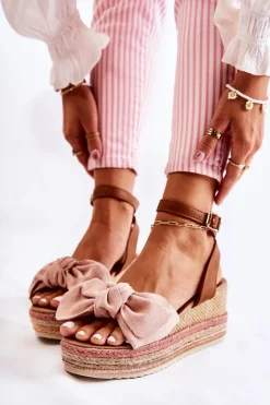 Zamszowe Sandały Na Koturnie Różowe Natina