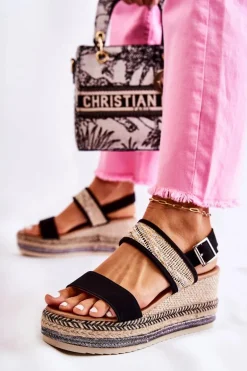 Zamszowe Sandały Na Koturnie Czarne Annabel