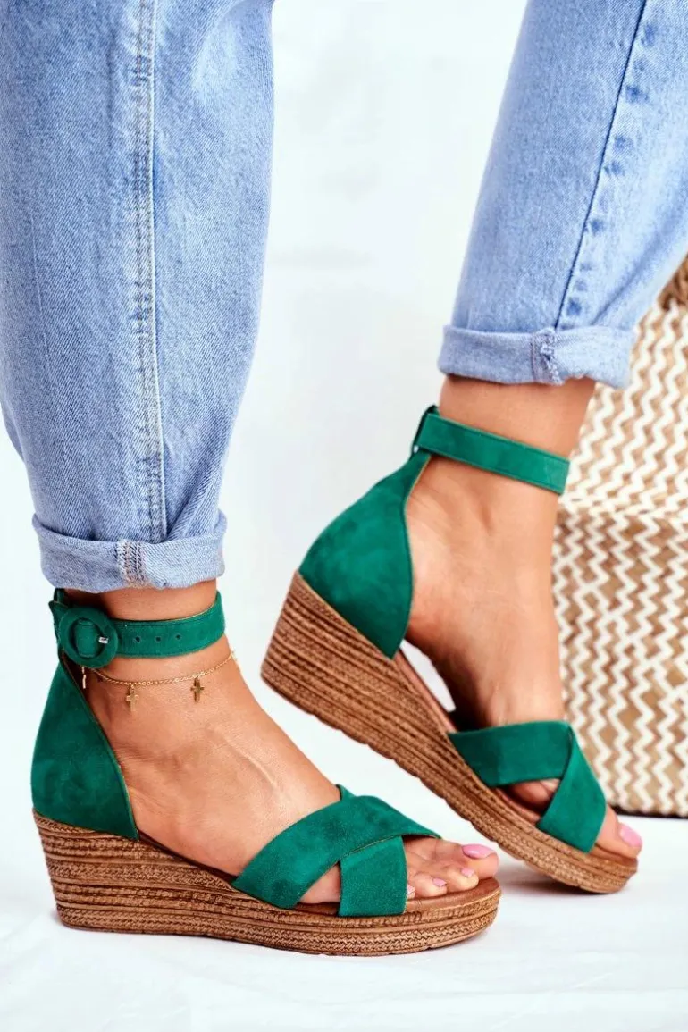 Zamszowe Sandały Na Koturnie Maciejka 04565-09 Zielone