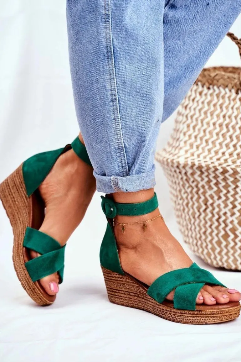 Zamszowe Sandały Na Koturnie Maciejka 04565-09 Zielone